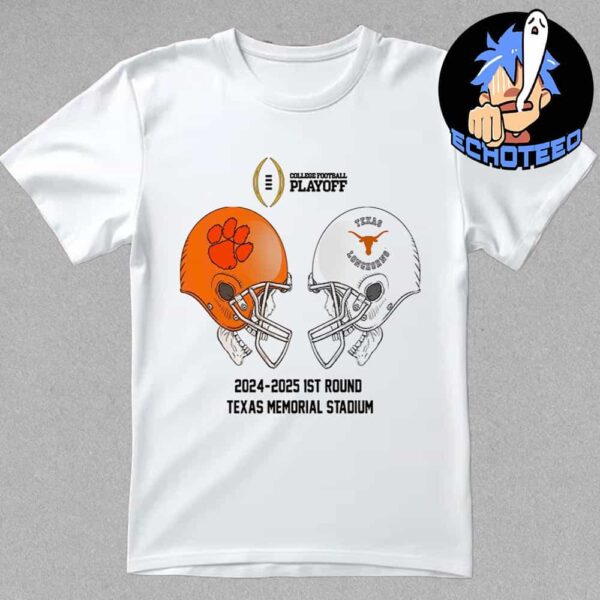 CFB Playoff 2024-2025 1st Round NCAA Bowl Games Clemson Tigers vs Texas Longhorns At Texas Memorial Stadium Skull Helmet Head To Head Essentials Unisex T-Shirt