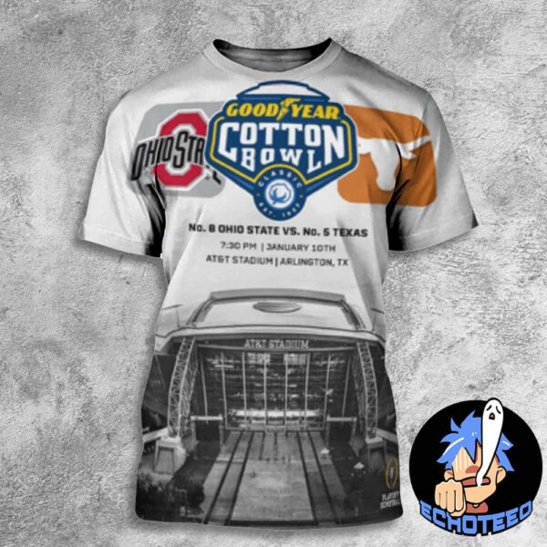 Texas Longhorns VS Ohio State Buckeyes Goodyear Cotton Bowl 2025 NCAA Playoff Semifinal On Jan 10th 2025 At At&T Stadium Arlington Texas All Over Print Essentials Unisex T-Shirt